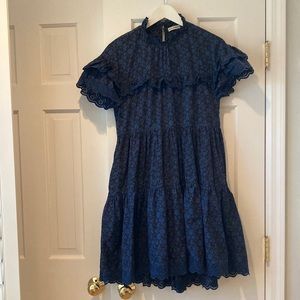 Ulla Johnson | Leonie Black Blue Floral Babydoll Cottagecore Dress